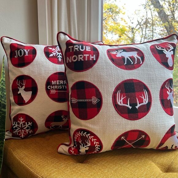 NEW Set of TWO Embroidered Buffalo Plaid Christmas Holiday Throw Pillow Covers - Picture 1 of 9